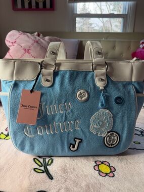 Juicy Couture Light Blue Tote with Cream Trim and Embroidered Patches